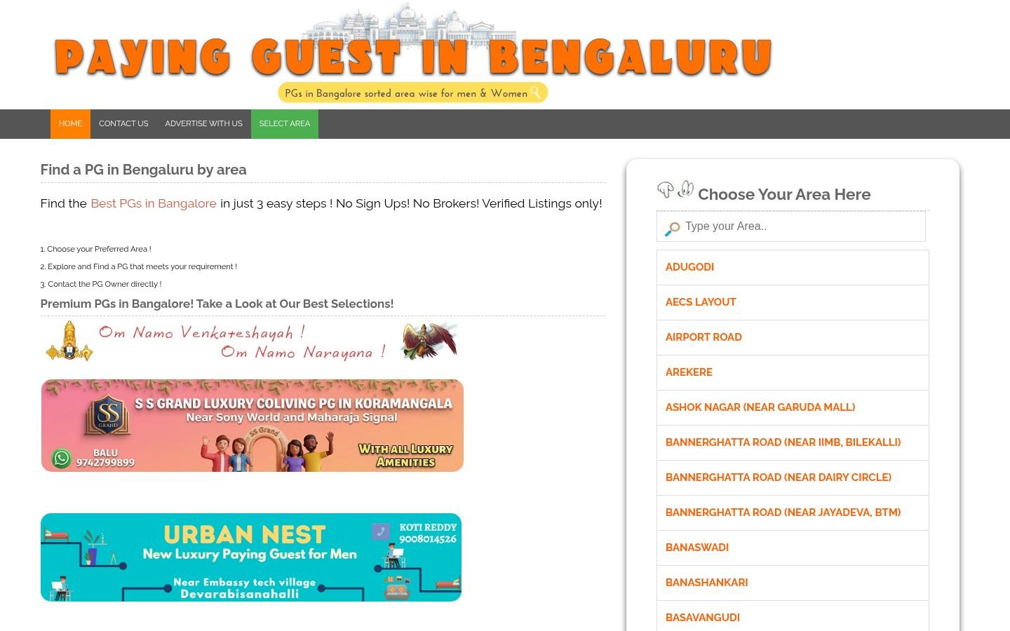 Homepage of Paying Guest in Bengaluru
