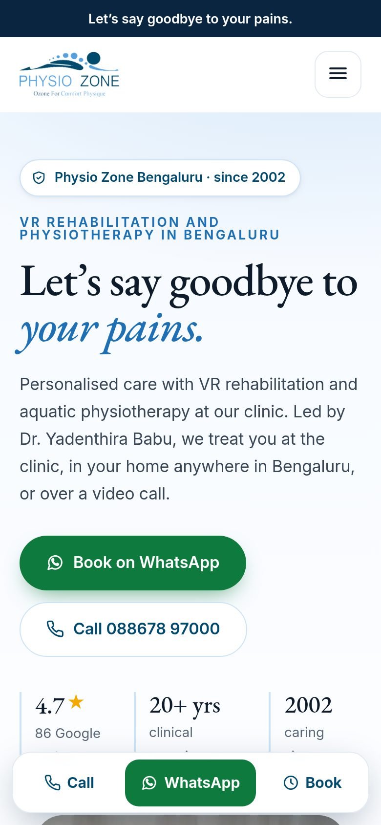 Physio Zone homepage on a phone